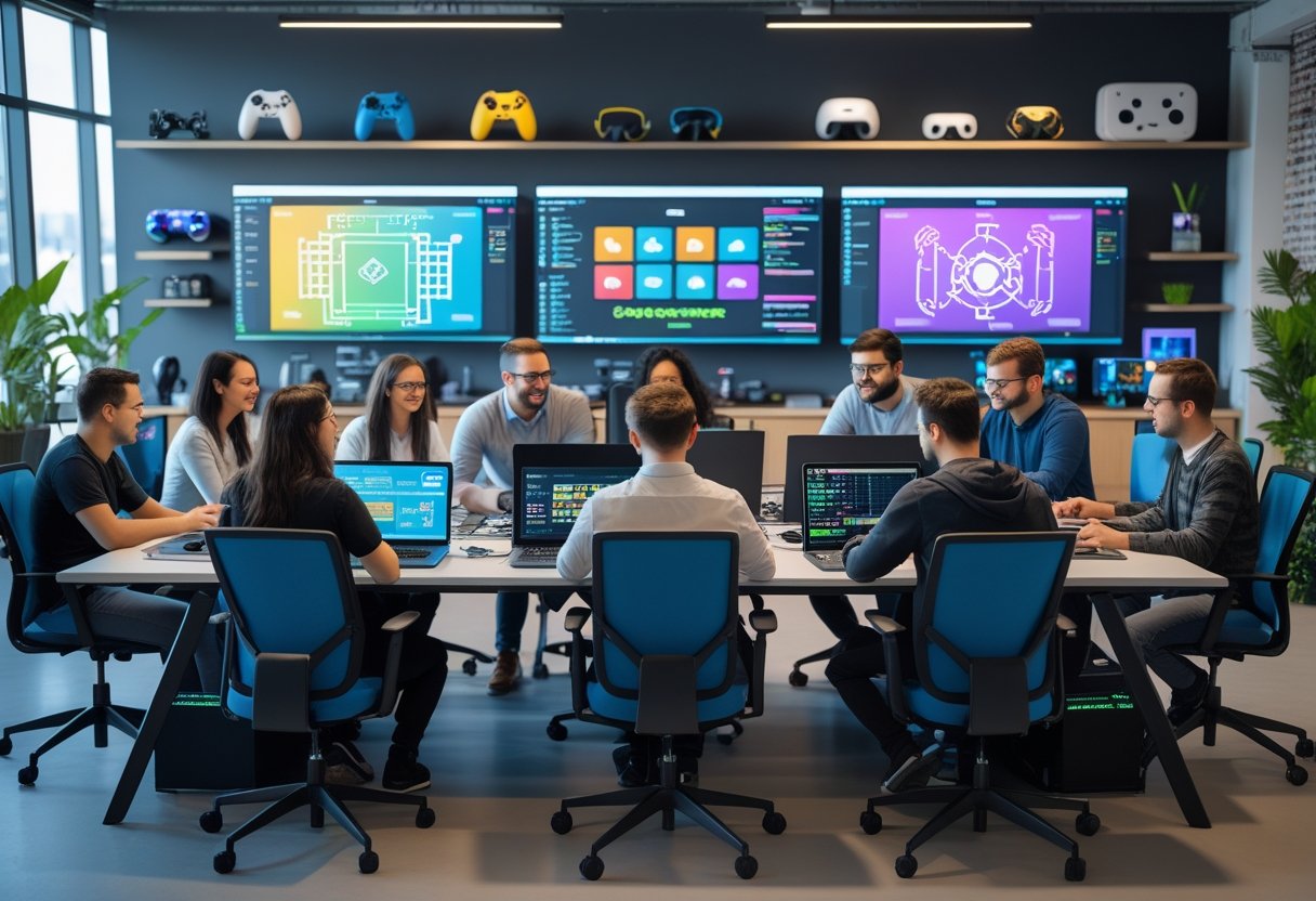 A group of people working together around a table with laptops and digital devices, creating video game designs in a modern office.