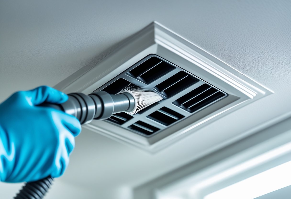 A close-up of a person cleaning a ceiling air vent with a vacuum cleaner nozzle.