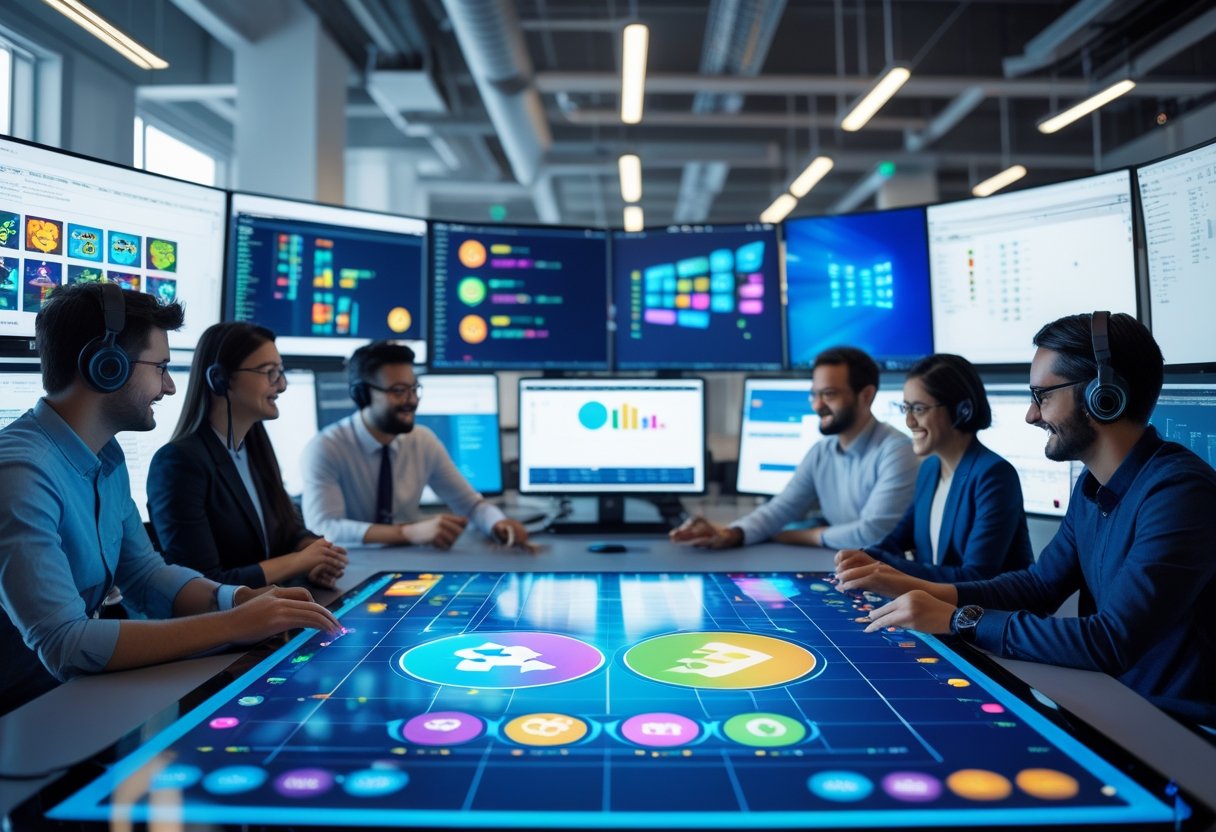 A group of professionals collaborating around a digital touchscreen table displaying game icons and charts in a modern office with computer monitors showing game development scenes.
