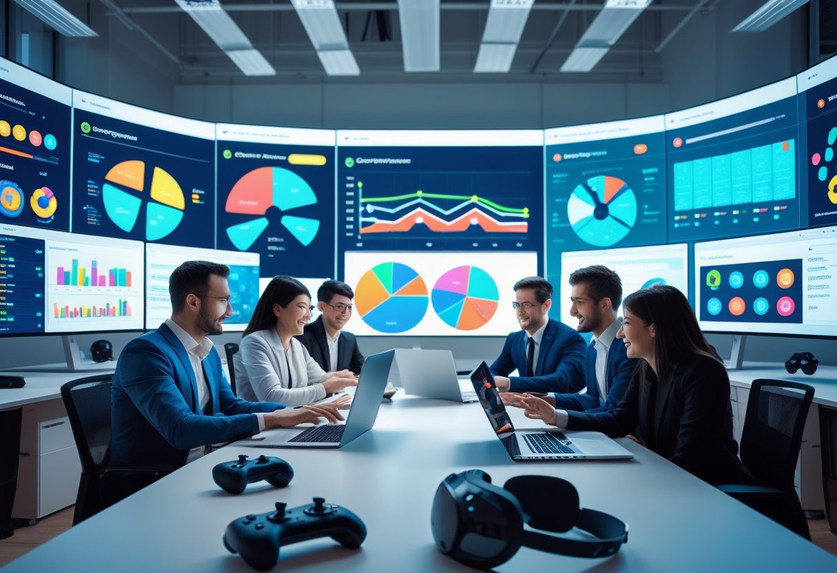 A group of professionals collaborating around a table with devices showing game interfaces and data, with digital screens displaying game graphics in a modern office.