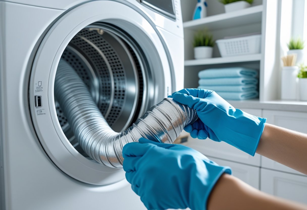 Person wearing gloves cleaning a dryer vent in a bright, organized laundry room.