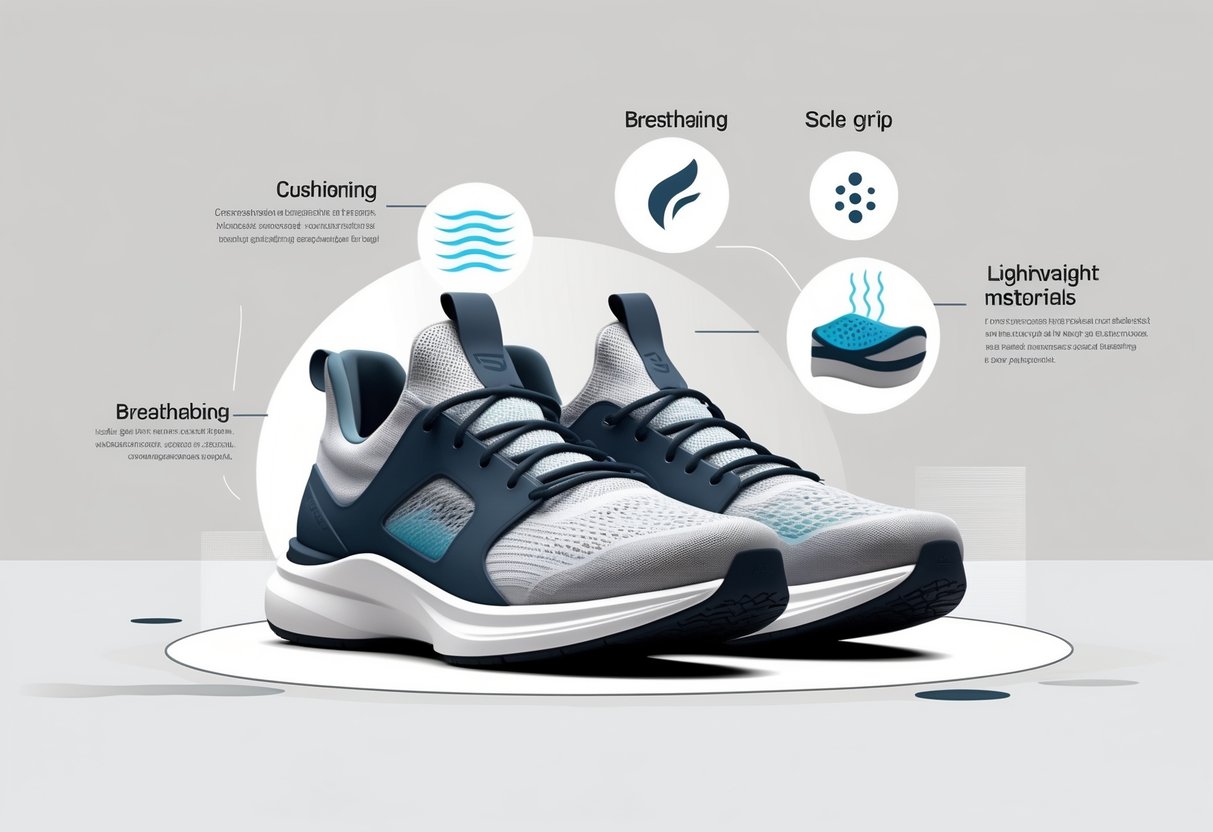 Et par treningssko med visuelle elementer som fremhever demping, pusteevne, grep og lette materialer.