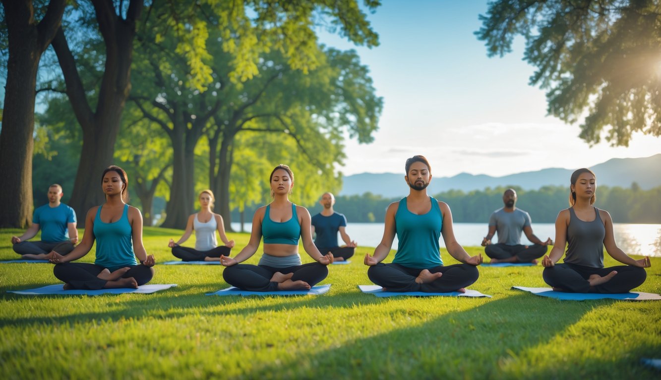 Sekelompok orang sedang bermeditasi di taman hijau saat pagi hari dengan latar belakang danau dan pegunungan.