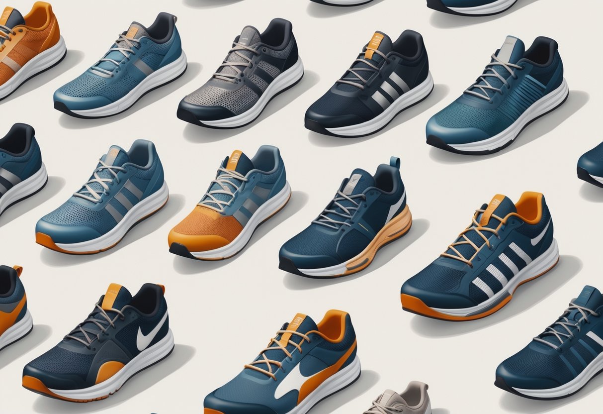 Flere ulike treningssko for forskjellige treningsformer plassert på en nøytral bakgrunn.