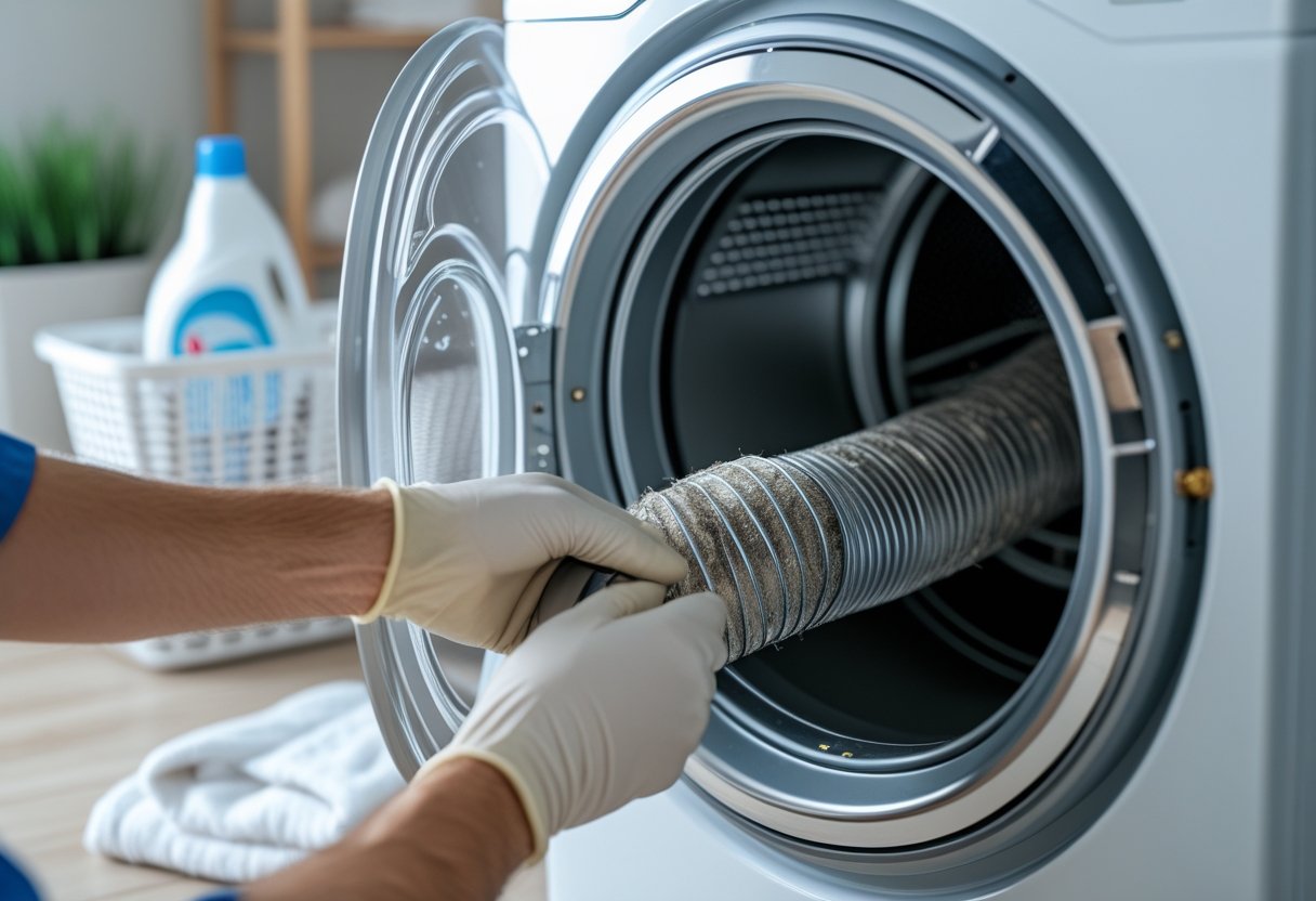 Hands inspecting a dryer vent hose in a laundry room with a dryer and laundry items nearby.