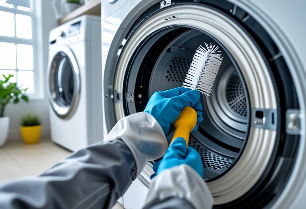 Hands wearing gloves cleaning a dryer vent duct in a modern laundry room with a white dryer.