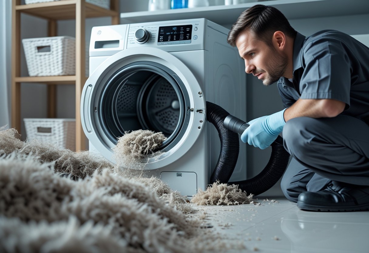 A technician inspecting a dryer vent hose clogged with lint in a modern laundry room.