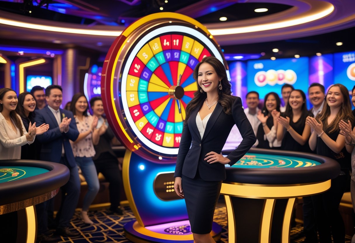 A female host stands next to a colorful spinning wheel while a group of people watch and cheer in a lively casino game show setting.