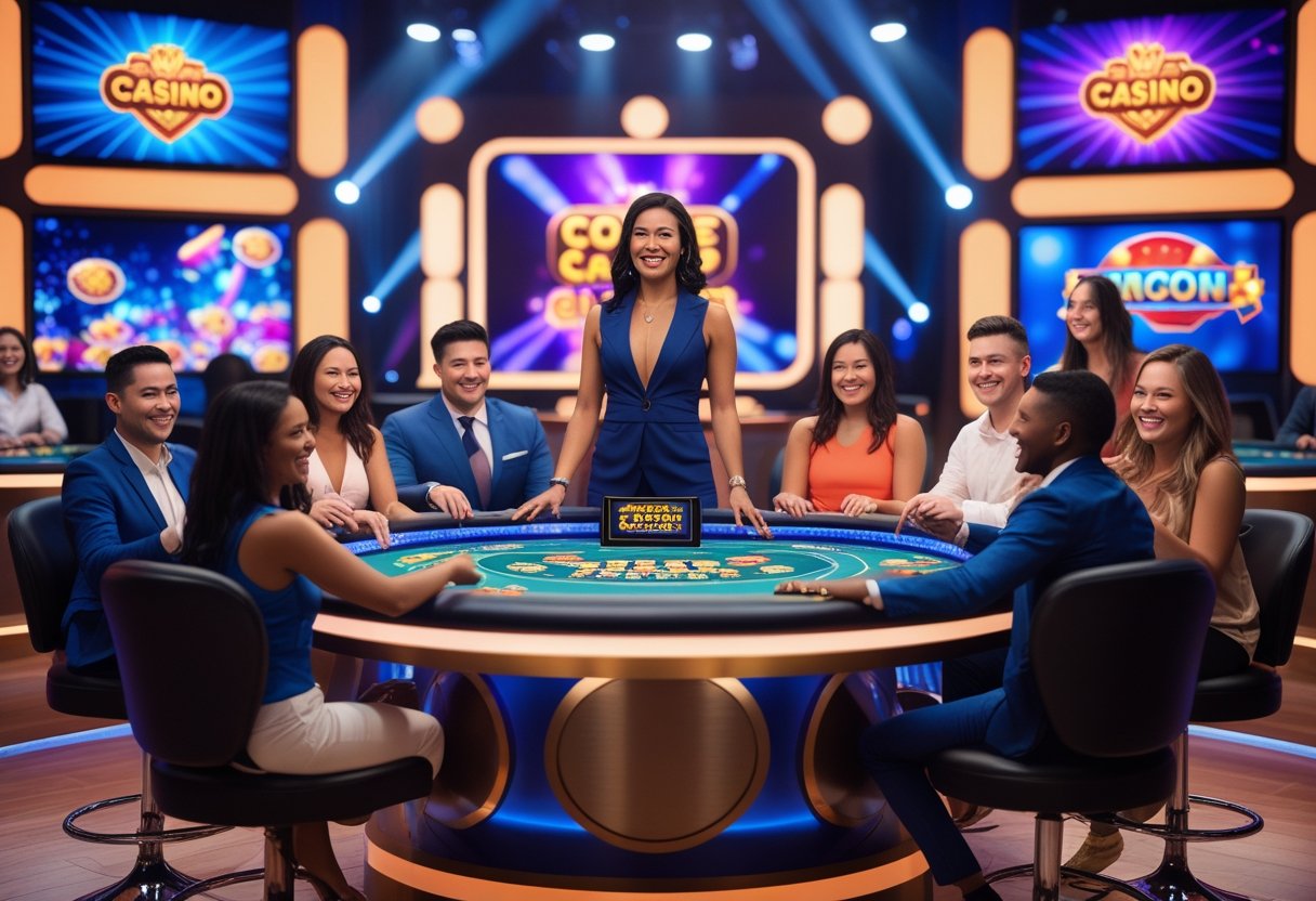 A female host stands at a table with smiling players in a brightly lit live casino game show studio.