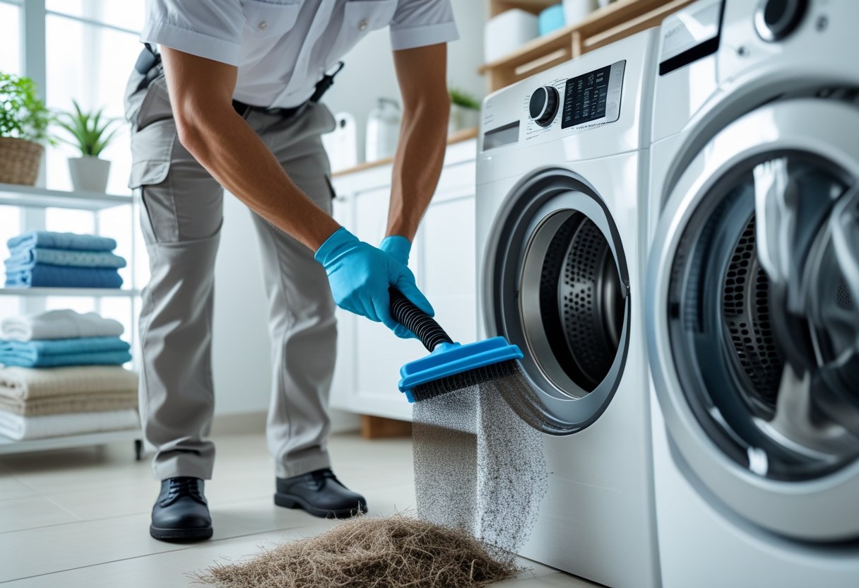 Technician cleaning a dryer vent in a modern laundry room using a brush tool.