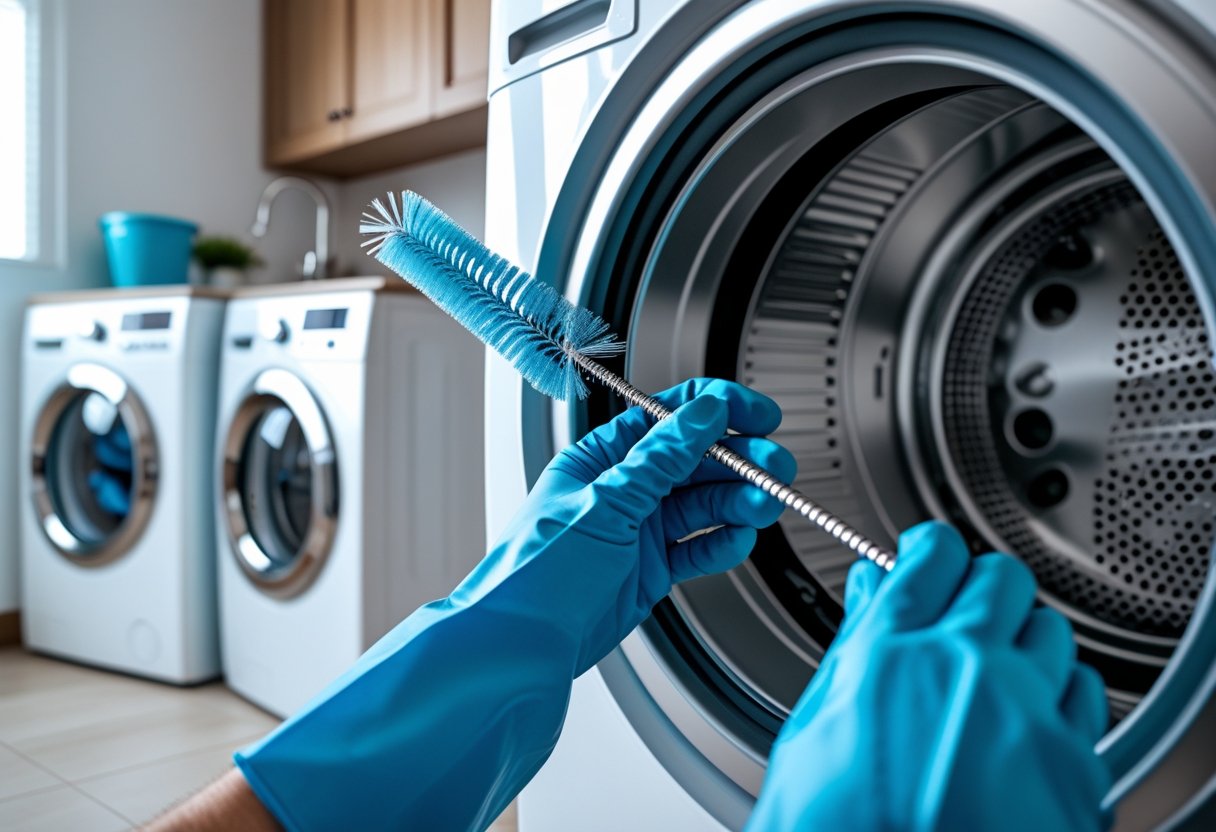 Technician cleaning a dryer vent hose in a bright laundry room.