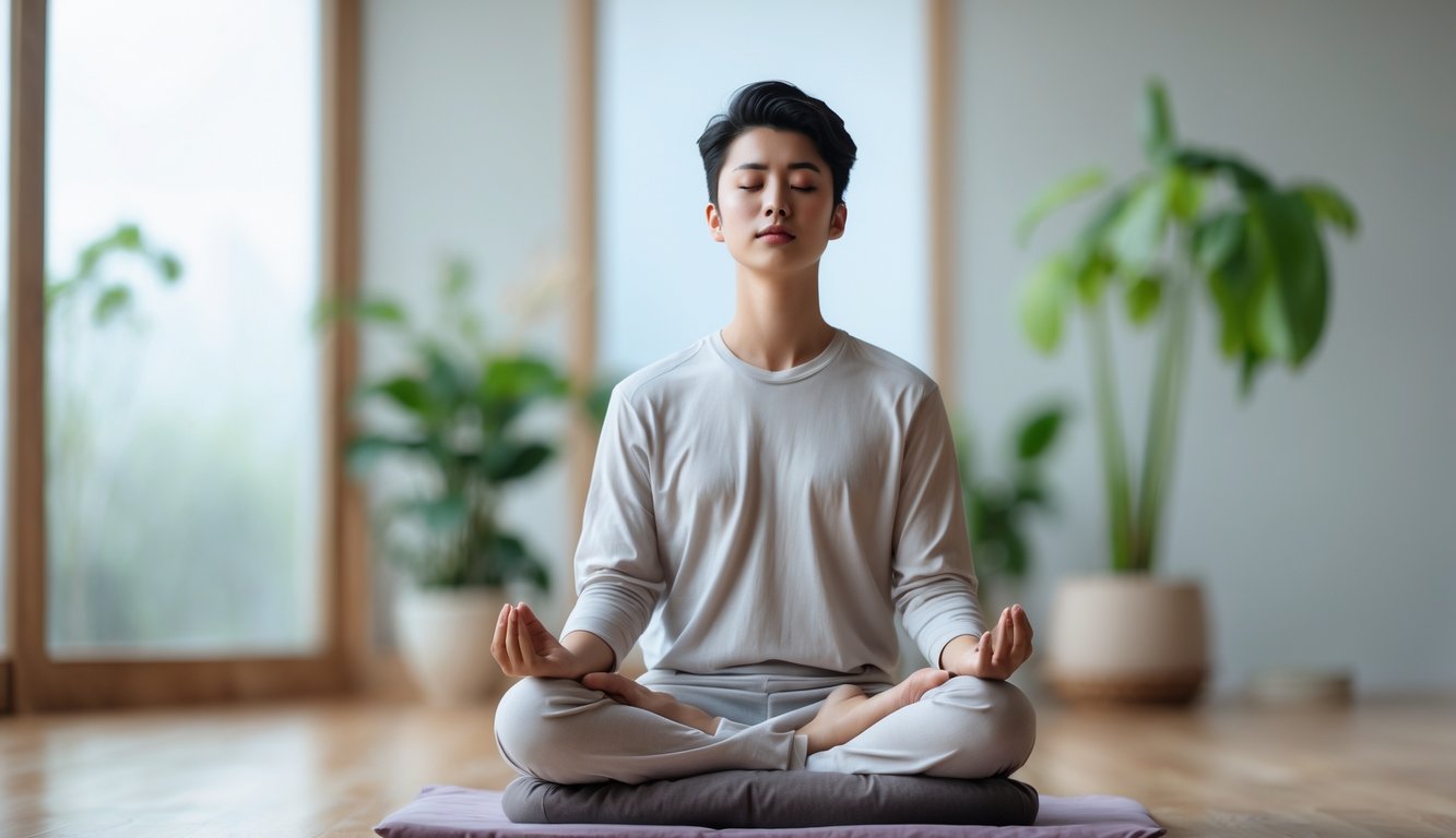 Orang muda duduk bersila di lantai dalam ruangan yang tenang, bermeditasi dengan mata tertutup dan ekspresi damai.