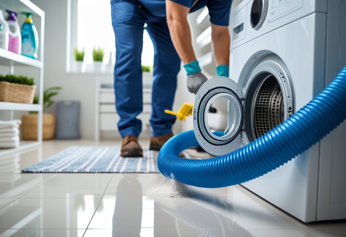 Person inspecting and cleaning a dryer's vent hose in a bright, organized laundry room.