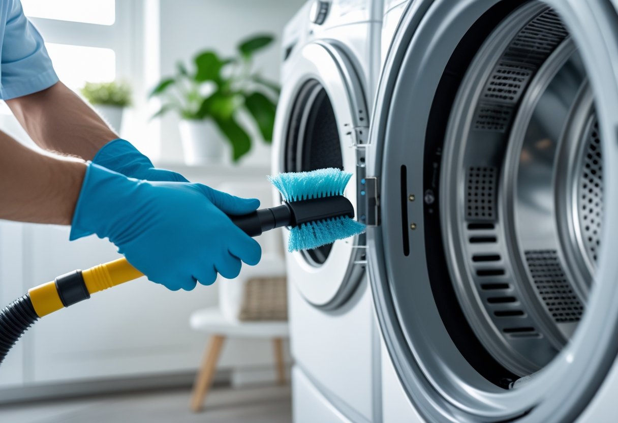 Technician cleaning a dryer vent duct in a bright, tidy laundry room with green plants nearby.