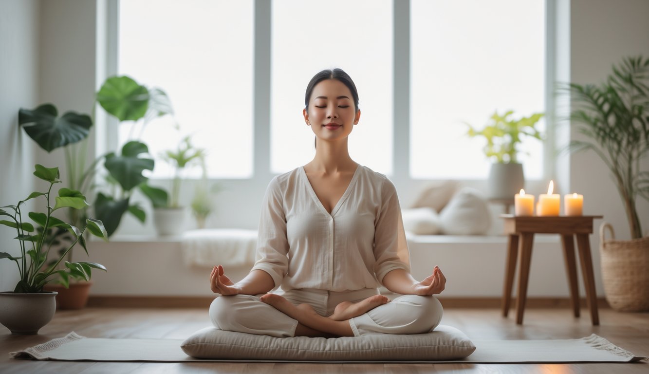 Seseorang duduk bersila di dalam ruangan yang tenang dengan cahaya alami, dikelilingi tanaman dan lilin yang menyala.