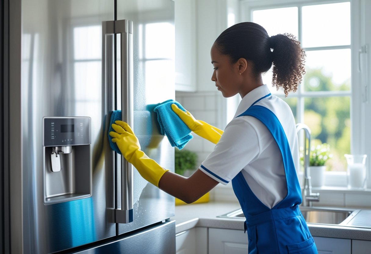 A professional cleaner in a uniform cleaning a stainless steel appliance in a bright, modern kitchen.