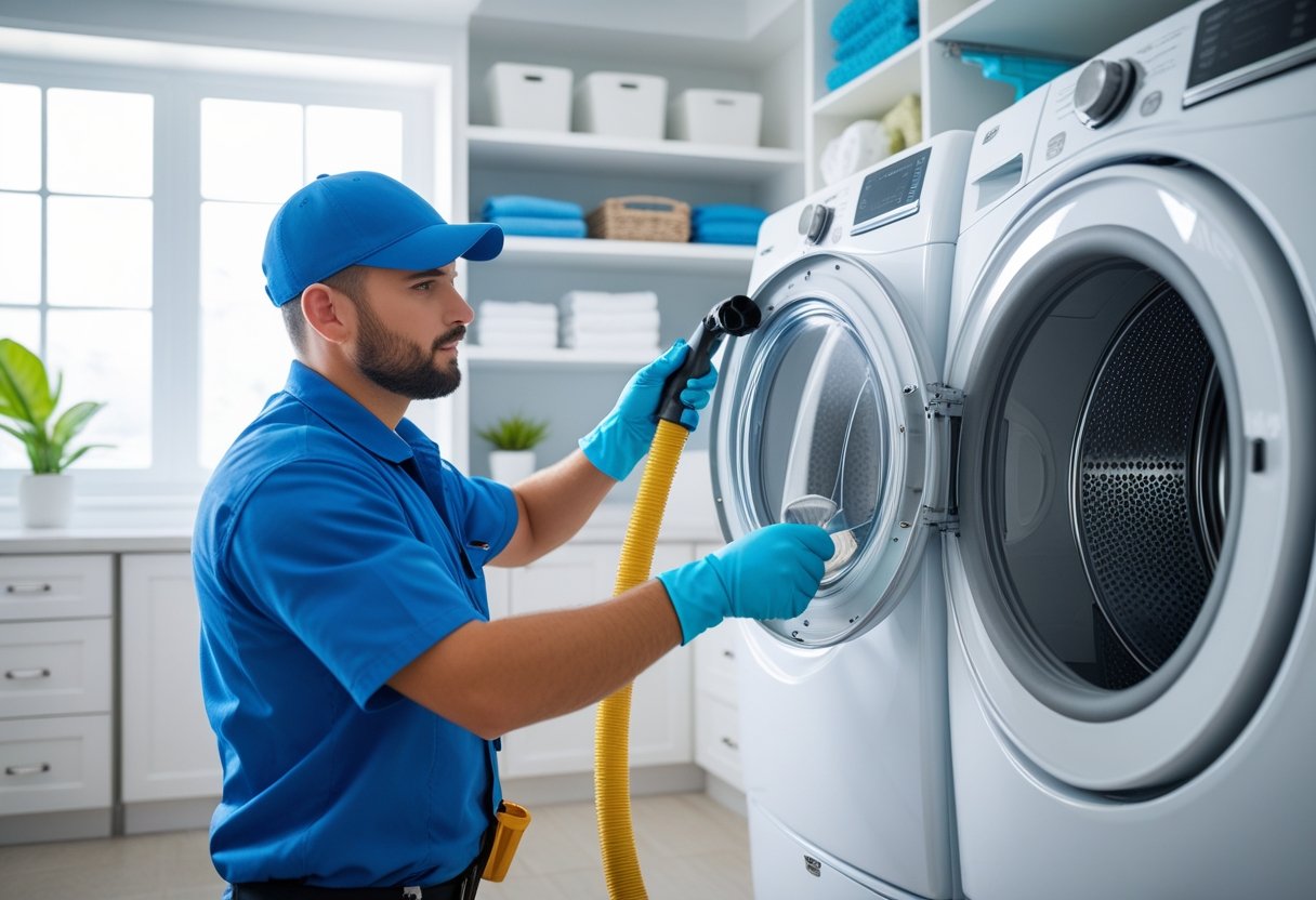 A technician in a blue uniform cleaning the vent hose of a white dryer in a bright laundry room.