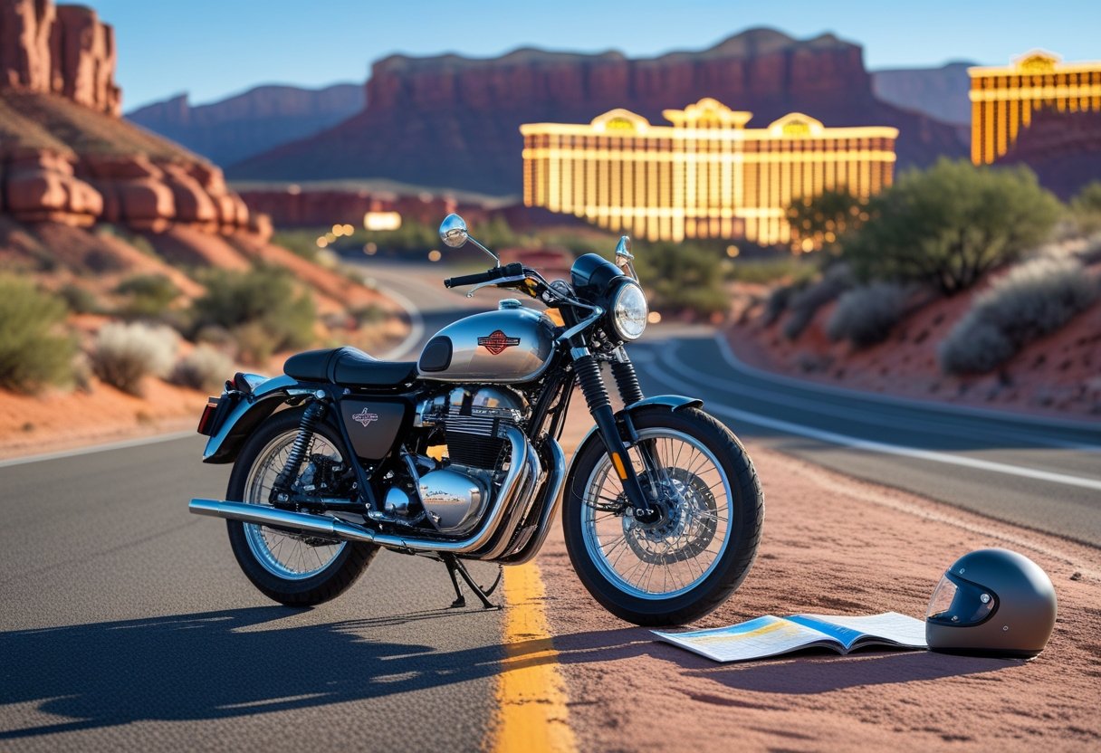 A motorcycle parked by a scenic desert road with red rocks and a casino resort visible in the background.