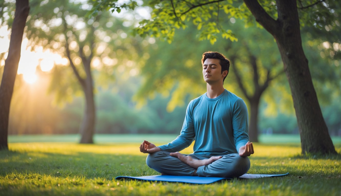 Seseorang duduk bersila di taman hijau, bermeditasi untuk mengurangi stres dengan ekspresi tenang dan mata tertutup.