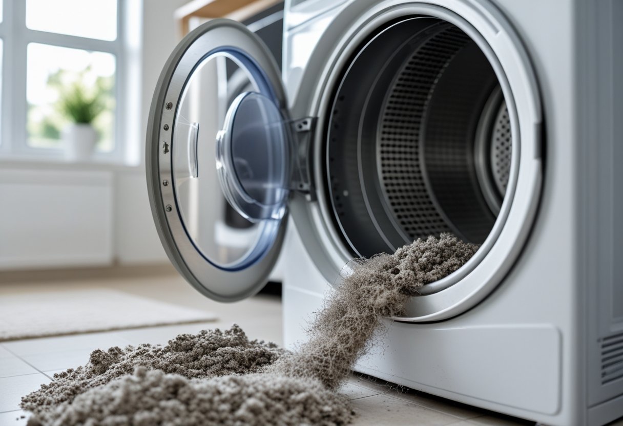 Close-up of a dryer vent hose with lint buildup inside, connected to a white clothes dryer in a bright laundry room.