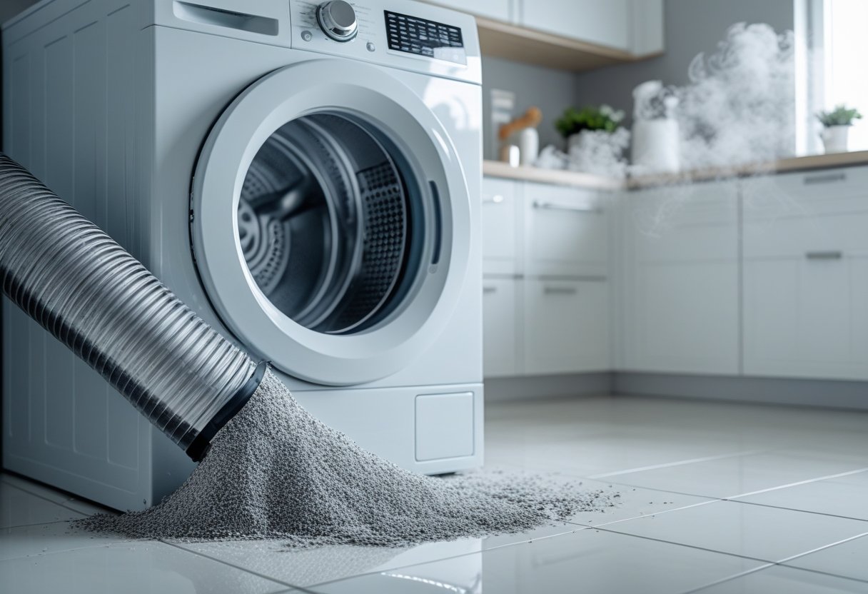 Laundry room with a dryer vent clogged by lint, showing particles in the air indicating poor indoor air quality.