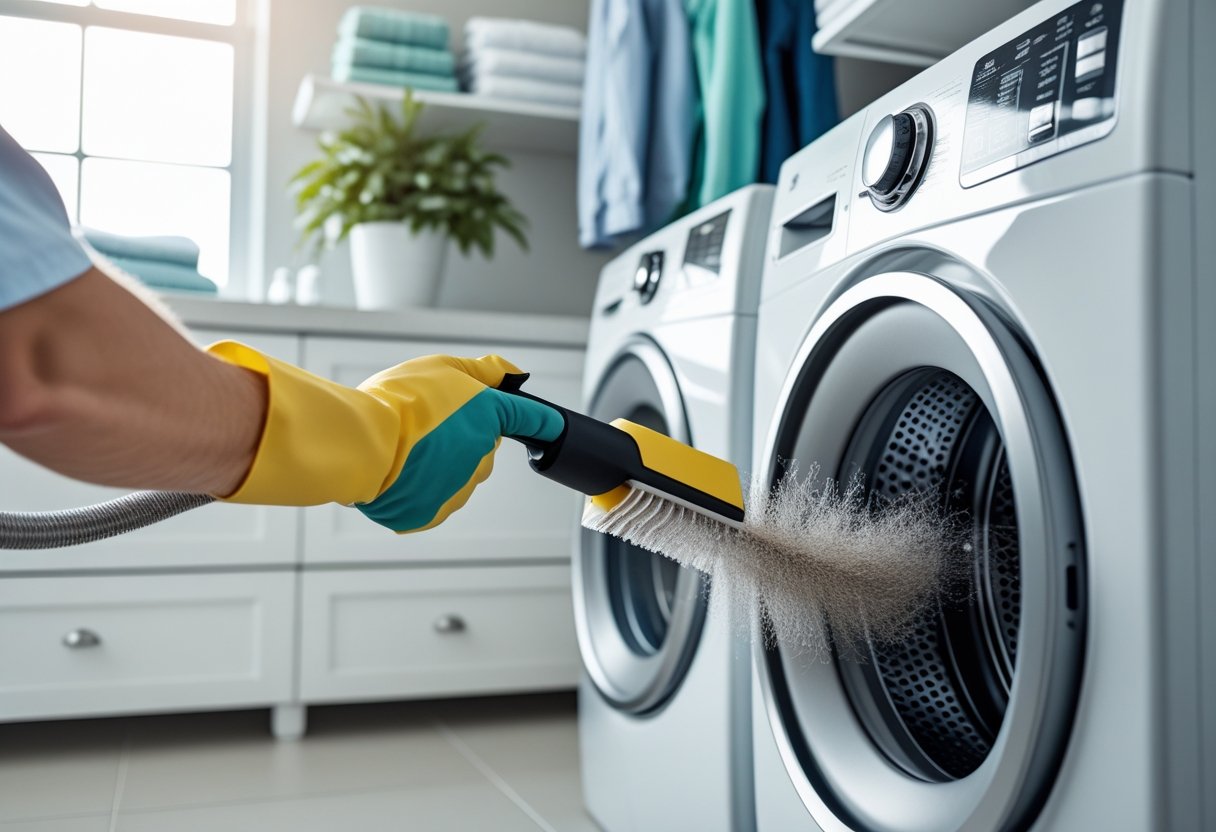 A technician cleaning a dryer vent hose in a bright, clean laundry room with folded clothes and a plant in the background.