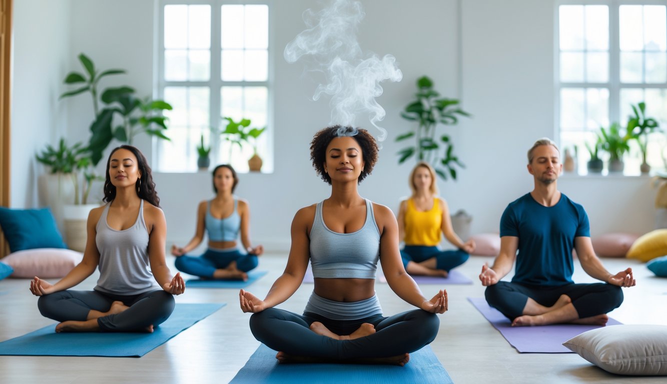 Sekelompok orang duduk bersila di ruangan terang sedang bermeditasi dengan tenang.