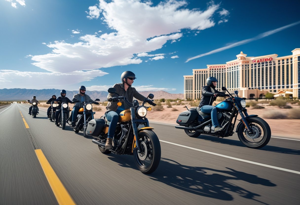 A group of motorcyclists riding on a highway with a large casino resort visible in the background under a blue sky.
