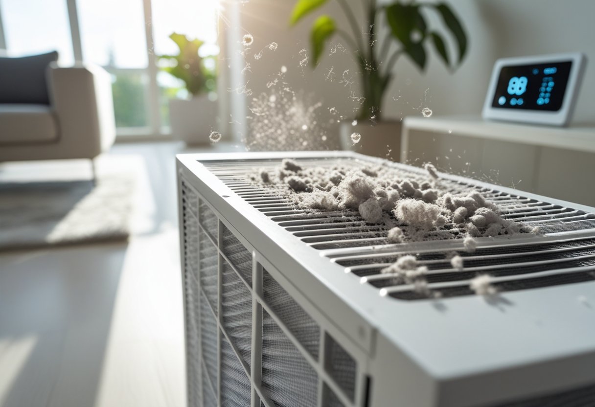 Close-up of a lint-clogged air vent in a modern living room with sunlight and a houseplant nearby.