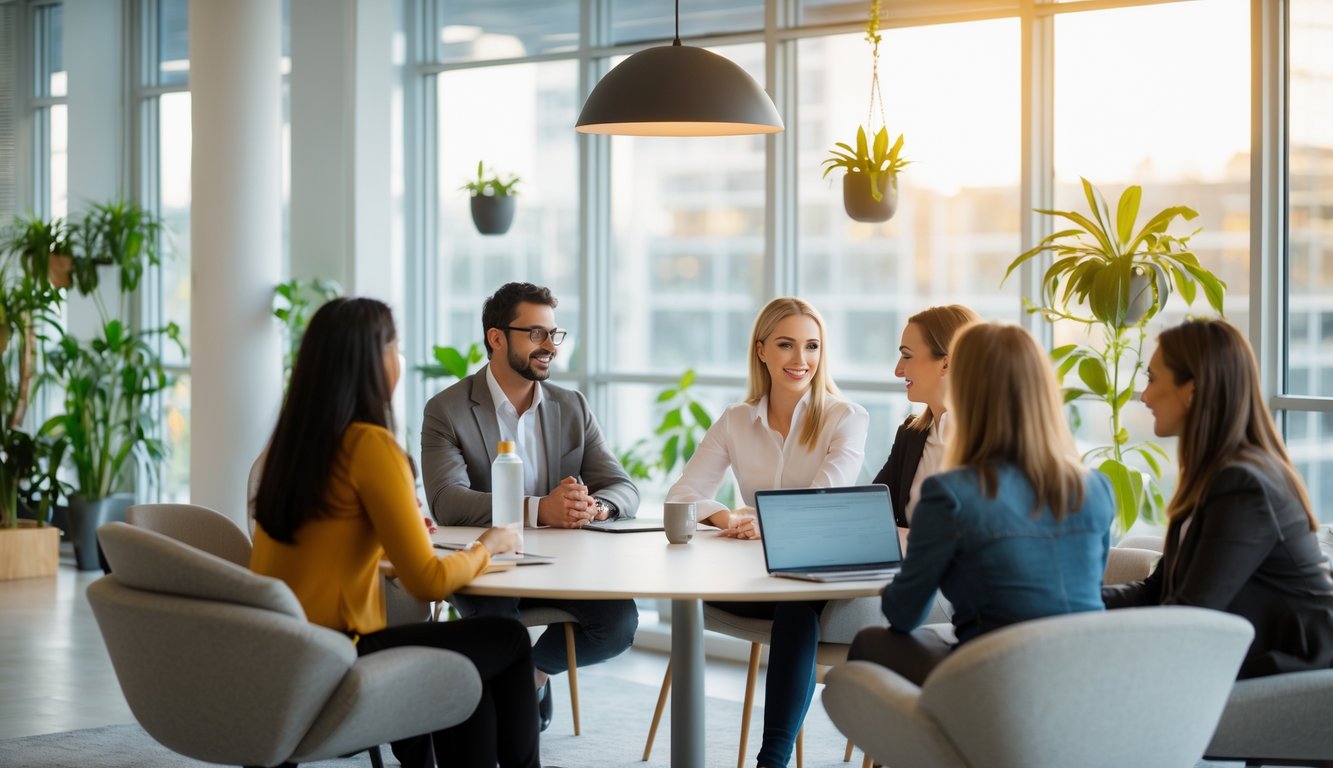 Sekelompok karyawan berdiskusi secara hangat di ruang kantor yang terang dan nyaman.