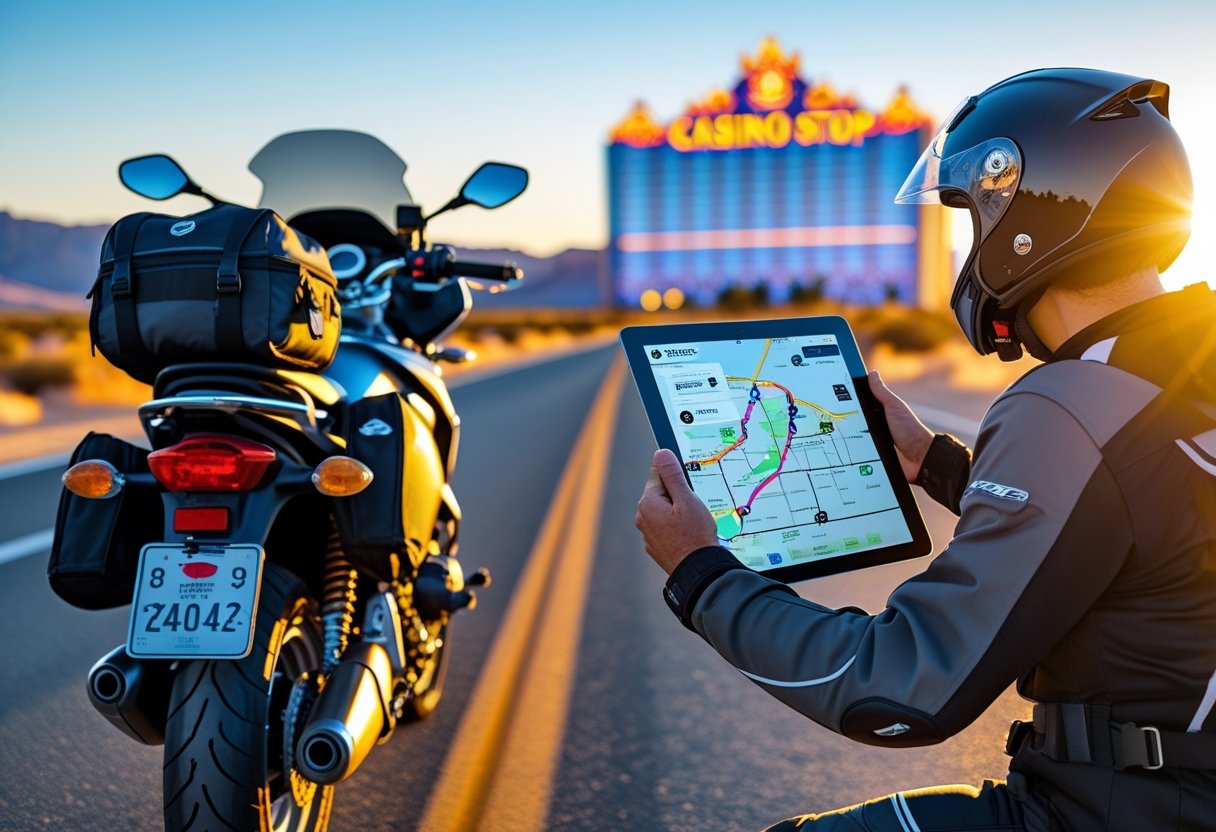 A motorbike parked near a scenic highway with a person looking at a map, a large casino building visible in the background under a clear sky.