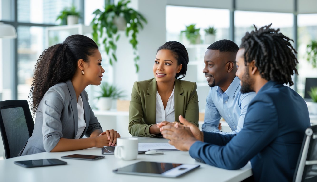 Sekelompok karyawan sedang berbicara dan saling mendengarkan di ruang kantor yang terang dan nyaman.