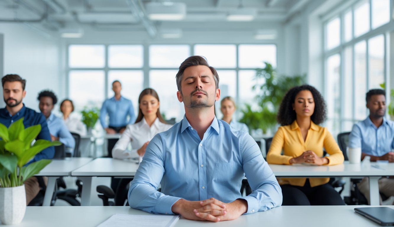 Seorang pria duduk tenang di meja kerjanya dengan mata tertutup, dikelilingi rekan kerja yang melakukan peregangan dan latihan pernapasan di kantor yang terang dan rapi.