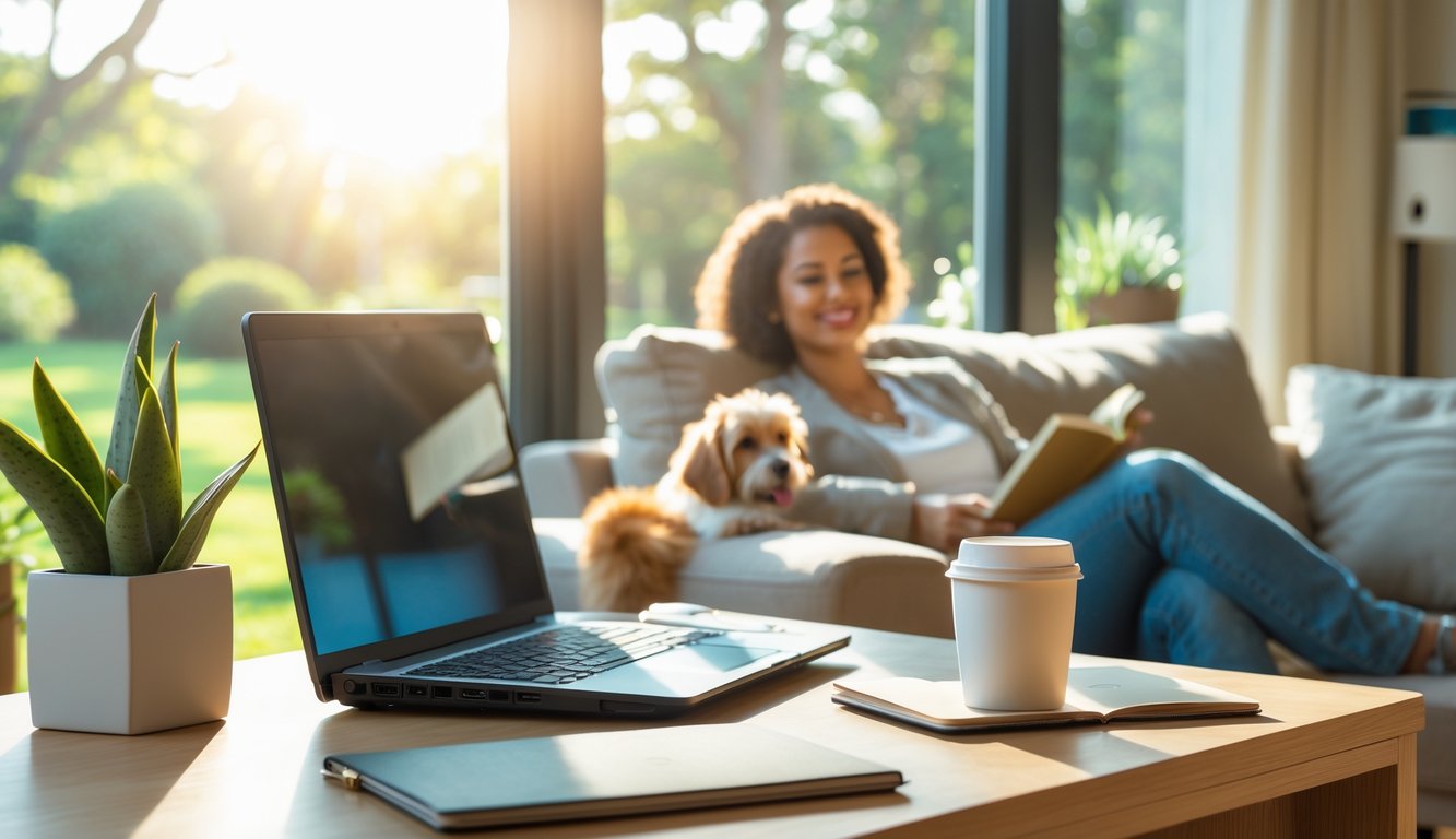 Seseorang sedang bersantai di ruang tamu dengan laptop dan buku, menunjukkan keseimbangan antara kerja dan kehidupan pribadi.