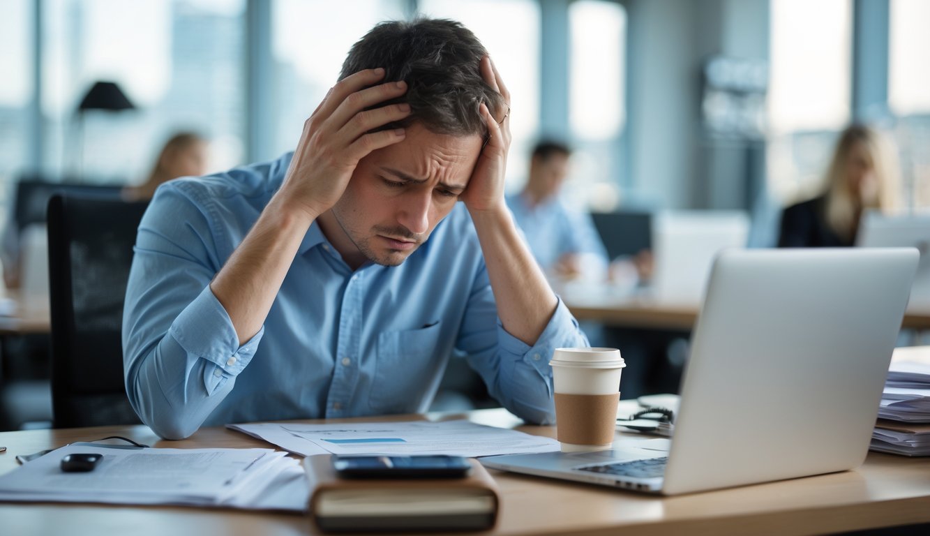 Seorang pekerja kantor yang terlihat stres duduk di meja kerja yang berantakan dengan laptop dan dokumen, memegang kepala dengan tangan.