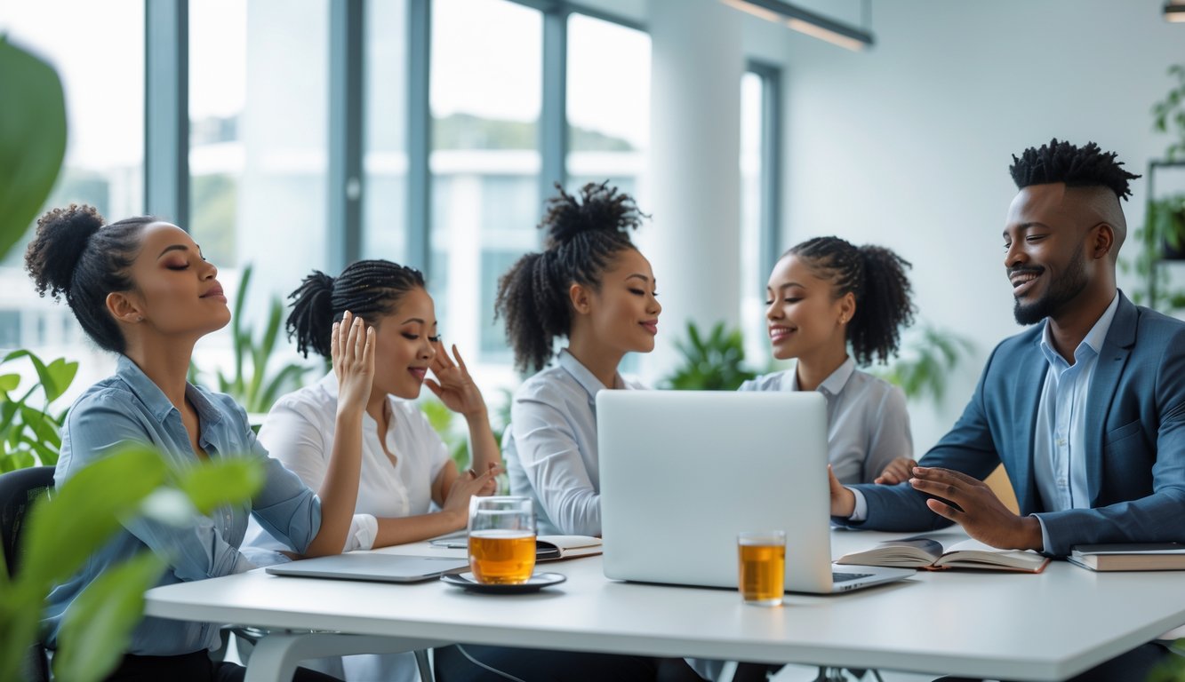 Sejumlah pekerja kantor yang sedang melakukan aktivitas menjaga kesehatan mental di ruang kerja yang terang dan penuh tanaman.