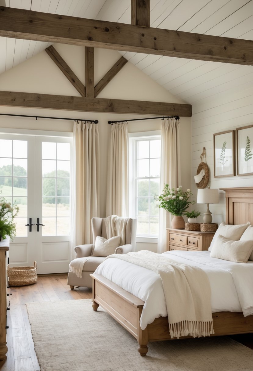 A bright bedroom with a wooden bed, large windows, wooden beams, and rustic furniture.