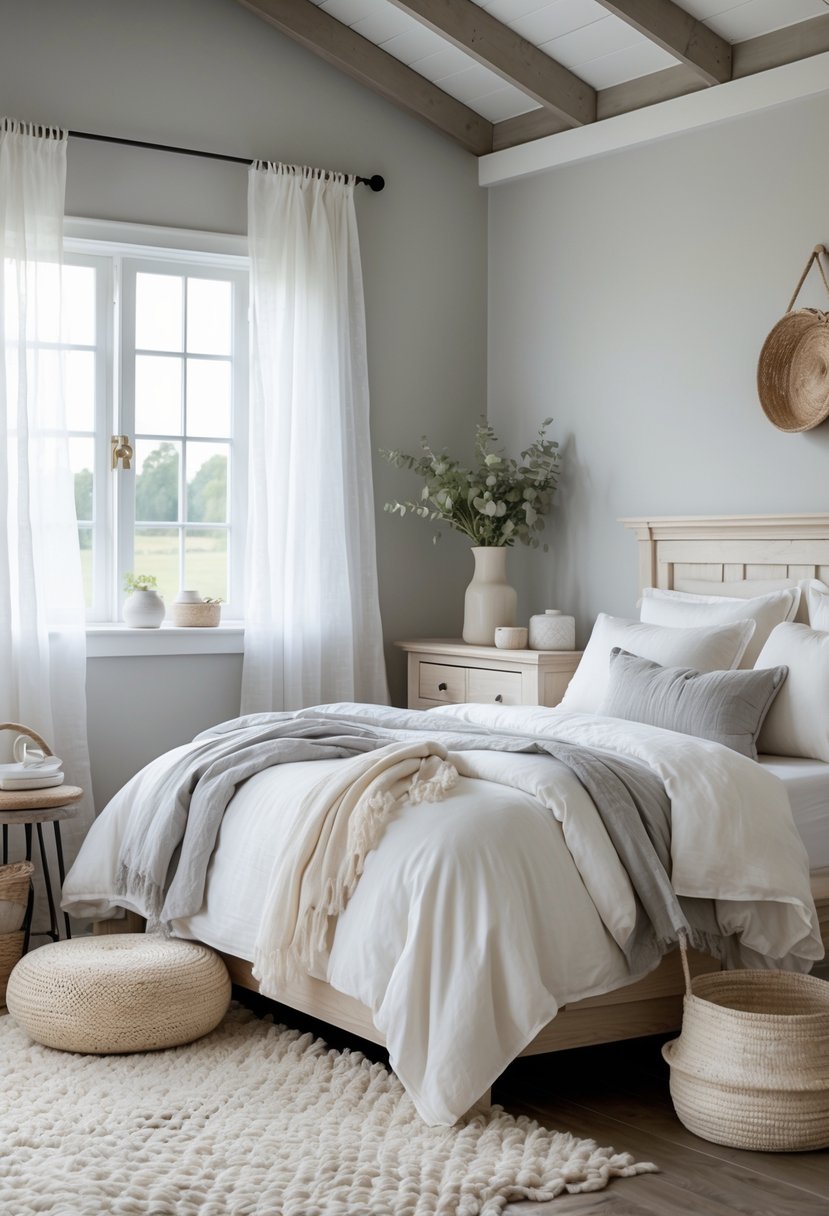 A calm bedroom with a bed, soft pillows, wooden furniture, and natural light coming through a window.