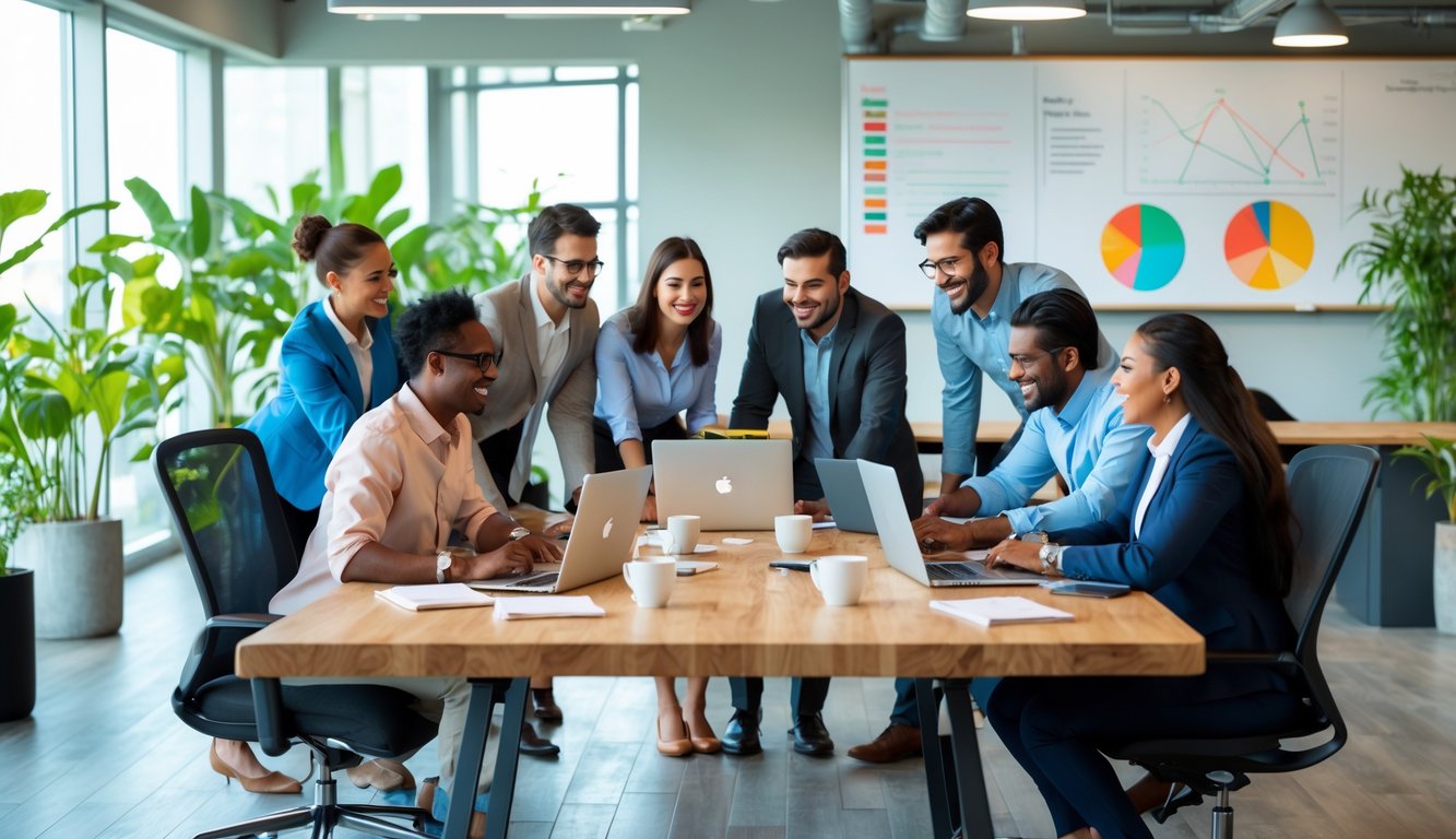 Suasana kantor modern dengan beberapa orang bekerja sama di meja besar, dikelilingi tanaman hijau dan pencahayaan alami.