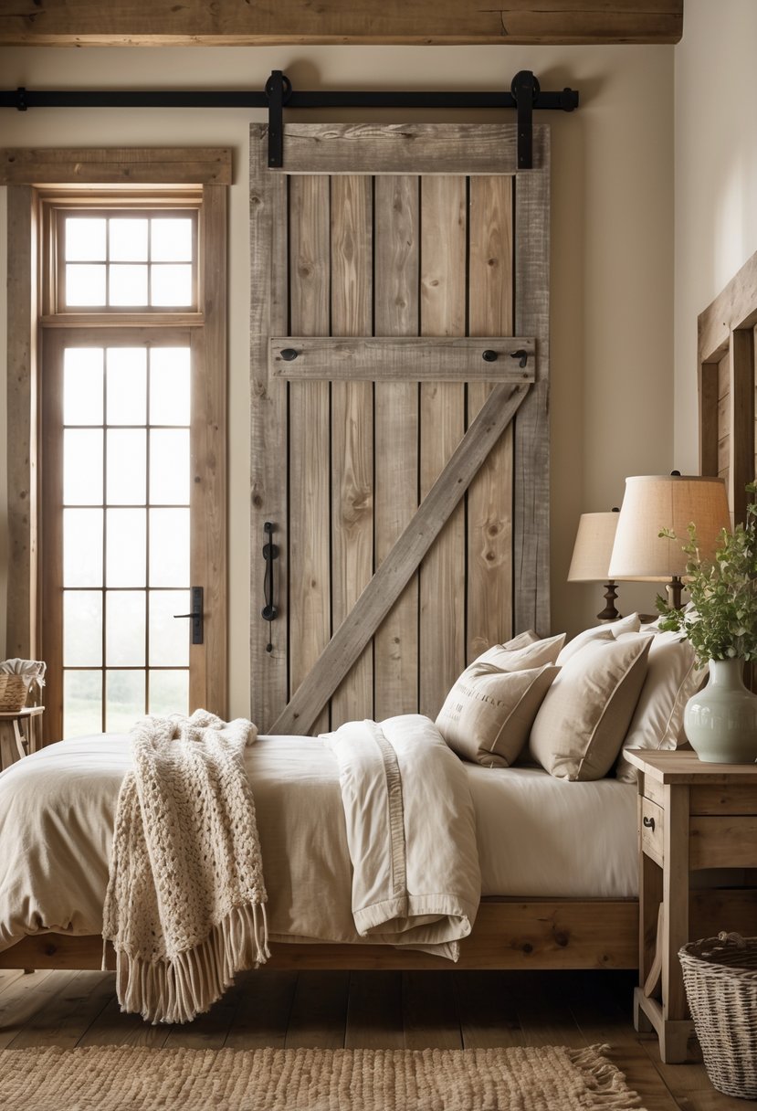 A bedroom with a distressed wooden barn door closet, a bed with neutral linens, a nightstand with a lamp, and rustic decor.