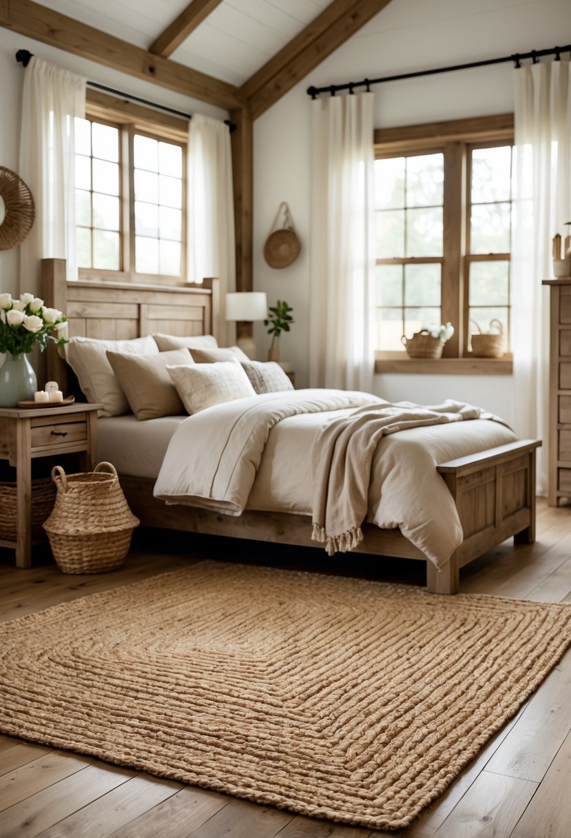 A bedroom with a bed, wooden furniture, and a woven jute area rug on the floor.