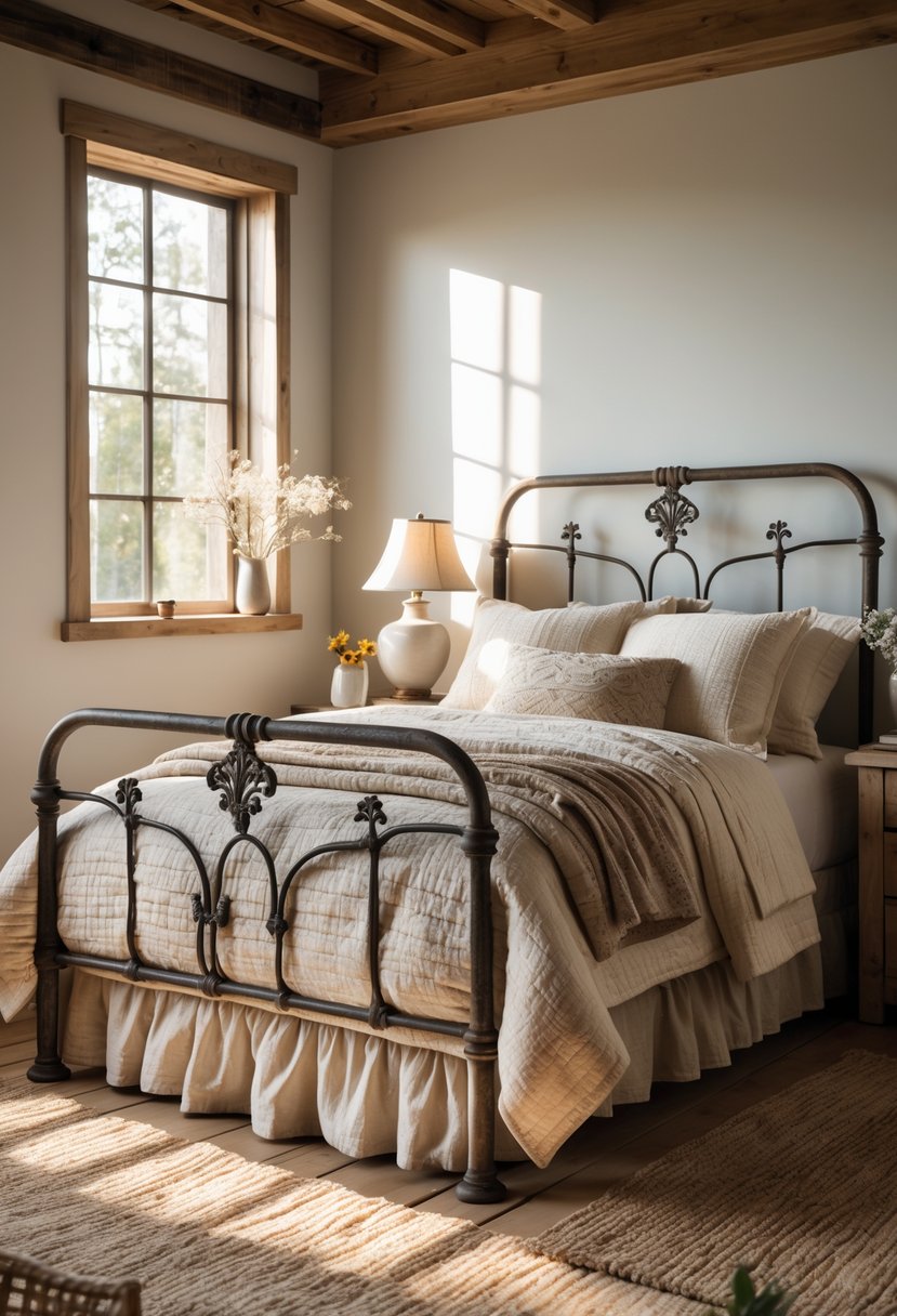 A bedroom with a vintage iron bed frame, wooden nightstands, and soft natural light coming through a window.