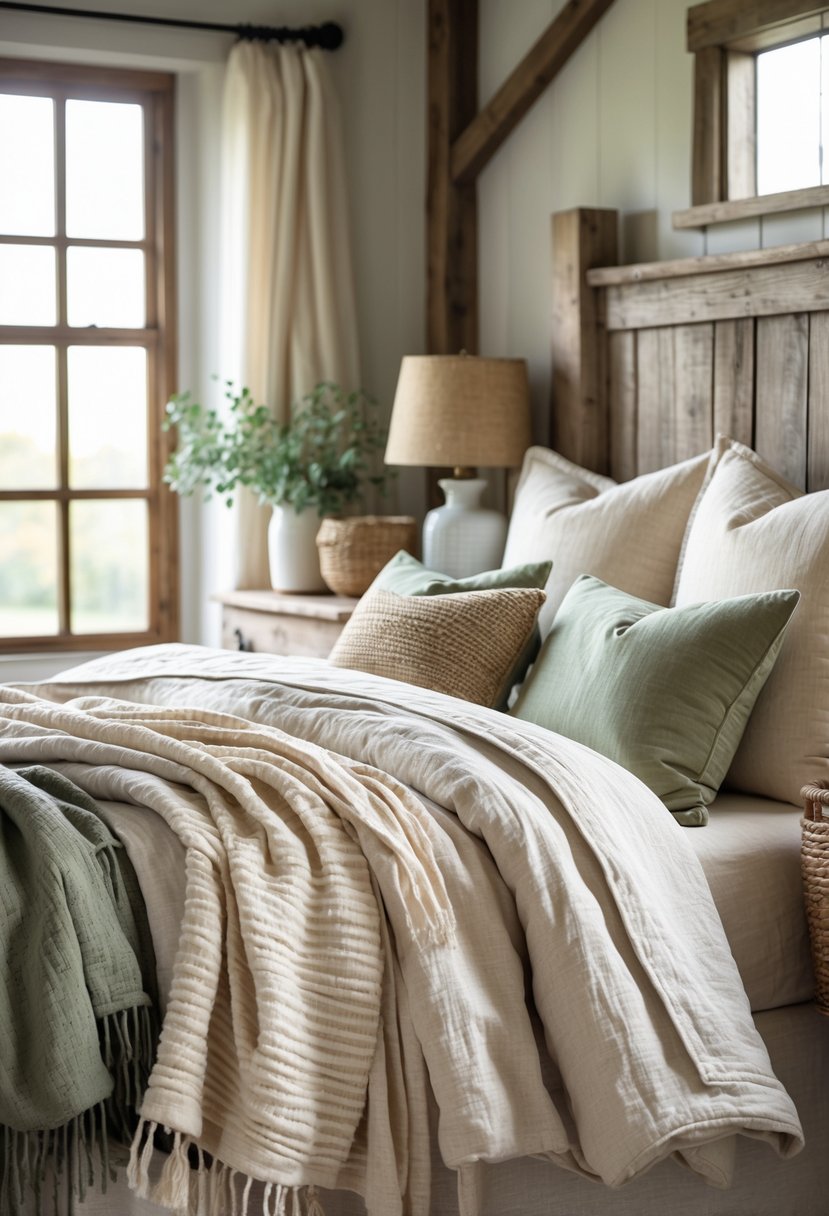 A cozy bedroom with a bed covered in soft linen bedding and textured throws, featuring a wooden headboard and natural light coming through a window.