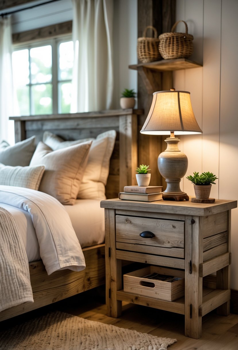 A bedroom with two rustic wooden nightstands beside a bed, each holding a lamp, books, and a small plant.