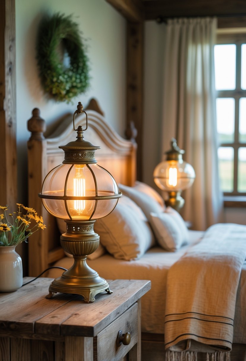 A bedroom with two antique brass bedside lamps on wooden nightstands next to a neatly made bed.