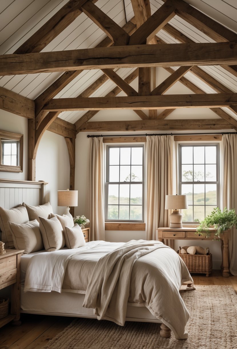 A cozy bedroom with exposed wooden ceiling beams, a comfortable bed, and natural light coming through windows.