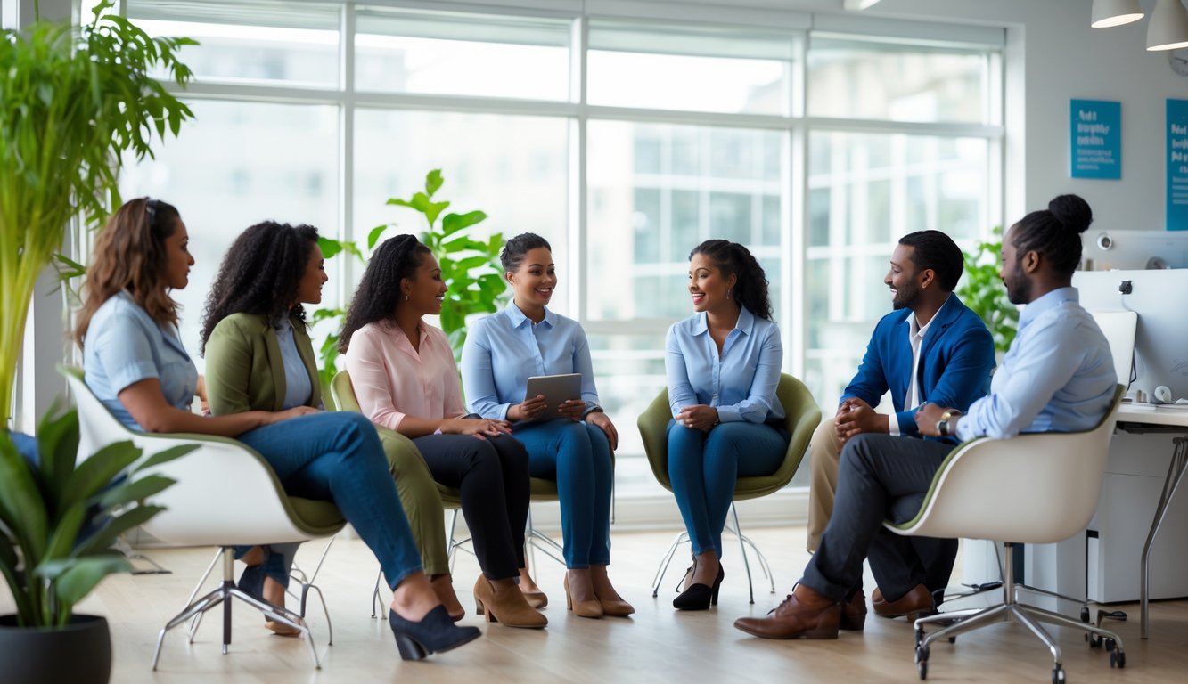 Sekelompok karyawan sedang berbicara dengan seorang konselor kesehatan mental di kantor yang terang dan nyaman.