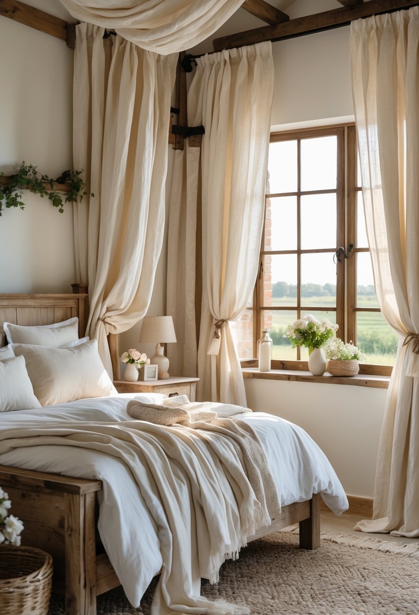 A bright bedroom with layered cotton curtains hanging by a window, a wooden bed, and simple decor.