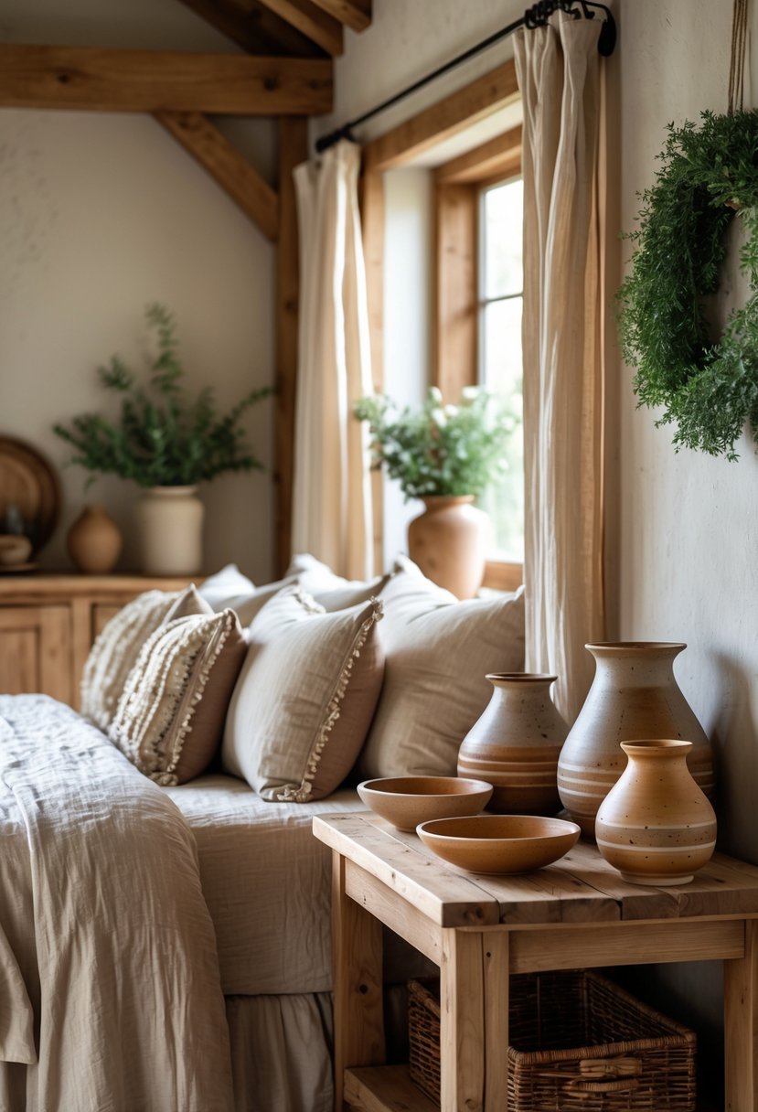 A cozy bedroom with a made bed, wooden furniture, and handcrafted pottery displayed on a bedside table.