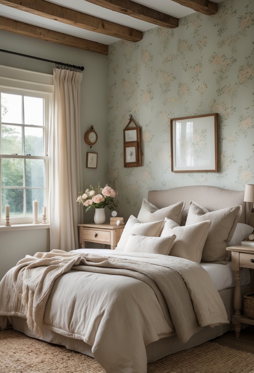 A bedroom with a bed, wooden furniture, and a floral wallpaper accent wall.